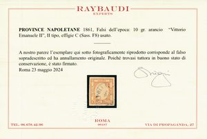 1861  Napoli  Province Napoletane  Falsi dellepoca  10 grana arancio, II tipo, effigie C, usato (Sass. F8).  - Asta Filatelia e Storia Postale - Associazione Nazionale - Case d'Asta italiane