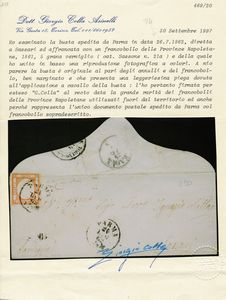 1862 - Province Napoletane - 5gr. rosso carminio (Sass. 21), applicato a cavallo, su lettera da Parma a Sassari del 24 luglio tramite Piroscafi postali nazionali.  - Asta Filatelia e Storia Postale - Associazione Nazionale - Case d'Asta italiane