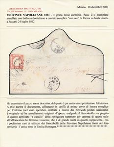 1862 - Province Napoletane - 5gr. rosso carminio (Sass. 21), applicato a cavallo, su lettera da Parma a Sassari del 24 luglio tramite Piroscafi postali nazionali.  - Asta Filatelia e Storia Postale - Associazione Nazionale - Case d'Asta italiane