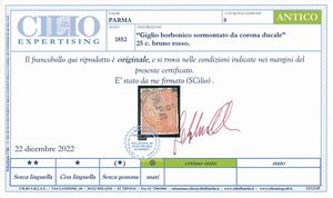 1853-55 � Ducato di Parma � 25 cent. bruno rosso annullato (Sass. 8).  - Asta Filatelia e Storia Postale - Associazione Nazionale - Case d'Asta italiane