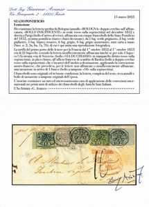1852 - Stato Pontificio - I emissione - Lettera da Bologna a Parigi del dicembre 1852 affrancata per 20 bajocchi composti da cinque francobolli delle Stato Pontificio, 1852, 1 baj. verde grigiastro, 2 baj. verde giallastro, 5 baj. bianco rosaceo, 6 baj. grigio e 6 baj. grigio azzurro, carta a mano (Sass. n. 2, 3a, 6a, 7a e 7b) annullati con Annulli a doppio cerchio BOLOGNA.  - Asta Filatelia e Storia Postale - Associazione Nazionale - Case d'Asta italiane