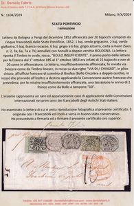 1852 - Stato Pontificio - I emissione - Lettera da Bologna a Parigi del dicembre 1852 affrancata per 20 bajocchi composti da cinque francobolli delle Stato Pontificio, 1852, 1 baj. verde grigiastro, 2 baj. verde giallastro, 5 baj. bianco rosaceo, 6 baj. grigio e 6 baj. grigio azzurro, carta a mano (Sass. n. 2, 3a, 6a, 7a e 7b) annullati con Annulli a doppio cerchio BOLOGNA.  - Asta Filatelia e Storia Postale - Associazione Nazionale - Case d'Asta italiane