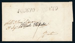 1854 - Stato Pontificio - I emissione - Porto Assegnato - Lettera da Fara a Rieti via Poggio Mirteto affrancata al verso, come tassazione, con 1 baj. verde grigiastro, stampa oleosa (Sass. 2b)  - Asta Filatelia e Storia Postale - Associazione Nazionale - Case d'Asta italiane