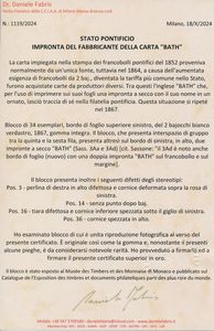 1867 - Stato Pontificio - Impronta della carta del fabbricante �BATH�  - La carta impiegata nella stampa dei francobolli pontifici del 1852 proveniva normalmente da un'unica fonte, tuttavia nel 1864, a causa dell'aumentata esigenza di francobolli da 2 baj., diventata la tariffa pi� comune nello Stato, furono acquistate carte da produttori diversi. Tra questi l'inglese BATH che, per l'uso di imprimere sui suoi fogli una impronta a secco con il suo nome in un ornato, lascio� traccia di s� nella filatelia pontificia. Questa situazione si ripet� nel 1867. Blocco di 34 esemplari, bordo di foglio superiore sinistro, del 2 bajocchi bianco (1867) gomma integra. Il blocco, che presenta interspazio di gruppo tra la quinta e la sesta fila, presenta altres� sul bordo di sinistra, in alto, due impronte a secco BATH (Sass. 3A/d)  - Asta Filatelia e Storia Postale - Associazione Nazionale - Case d'Asta italiane