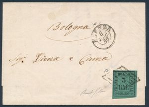 1859 - Romagne - Governo Provvisorio - Lettera da Faenza a Bologna dell8 dicembre 1859 affrancata con 3 baj. verde scuro (Sass. 4)  - Asta Filatelia e Storia Postale - Associazione Nazionale - Case d'Asta italiane