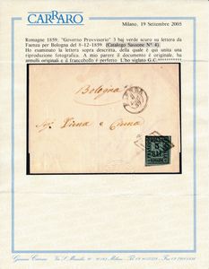 1859 - Romagne - Governo Provvisorio - Lettera da Faenza a Bologna dell8 dicembre 1859 affrancata con 3 baj. verde scuro (Sass. 4)  - Asta Filatelia e Storia Postale - Associazione Nazionale - Case d'Asta italiane
