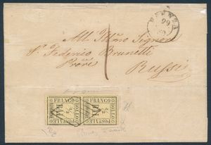 1859  Romagne  Gran parte di lettera da Faenza a Russi affrancata con coppia verticale del  bajocco giallo paglia (Sass. 1) con annullo a griglia di Faenza.  - Asta Filatelia e Storia Postale - Associazione Nazionale - Case d'Asta italiane
