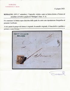 1859  Romagne  Lettera da Bologna a Firenze affrancata con 5 bajocchi violetto (Sass. 6) con annullo a griglia.  - Asta Filatelia e Storia Postale - Associazione Nazionale - Case d'Asta italiane