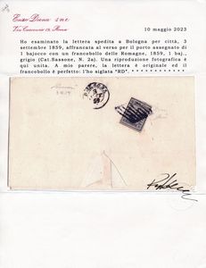 1859  Romagne  Porto assegnato  Lettera da Bologna a citt affrancata al verso per il porto assegnato con 1 baj. grigio (Sass. 2a) annullato con griglia.  - Asta Filatelia e Storia Postale - Associazione Nazionale - Case d'Asta italiane