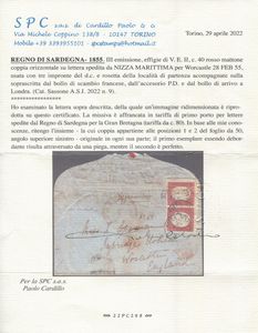 1855 - Regno di Sardegna - III emissione - 40c. rosso mattone (pos. 1 e 2) adf coppia orizzontale (Sass. 9) su lettera da Nizza Marittima a Worcastle del 28 febbraio.  - Asta Filatelia e Storia Postale - Associazione Nazionale - Case d'Asta italiane