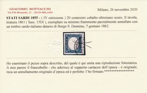 1855 - Sardegna - 20 cent. cobalto oltremare scuro, II tavola, tiratura del 1861 (Sass. 15Di) su piccolissimo frammento annullato con parte di Cerchio Borgo S. Donnino 7 gennaio 1862.  - Asta Filatelia e Storia Postale - Associazione Nazionale - Case d'Asta italiane
