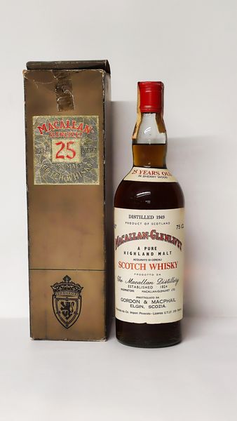 Macallan-Glenlivet 25 Years Old 1949, Pure Highland Malt Scotch Whisky  - Asta Wine and Spirit for Christmas - Associazione Nazionale - Case d'Asta italiane