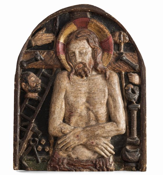 Cristo deposto. Altorilievo centinato in legno policromo. Italia centrale del XV-XVI secolo  - Asta Scultura e Oggetti d'Arte - Associazione Nazionale - Case d'Asta italiane