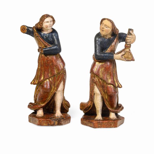 Scultore rinascimentale, Italia del nord, XVI secolo Coppia di angeli portacero  - Asta Scultura e Oggetti d'Arte - Associazione Nazionale - Case d'Asta italiane