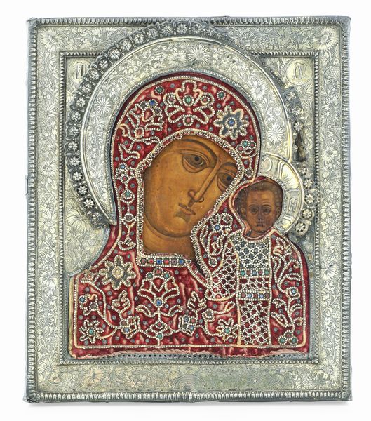 Deipara di Kazan. Icona tempera su tavola. Russia XIX secolo  - Asta Argenti da Collezione | XX secolo - Associazione Nazionale - Case d'Asta italiane
