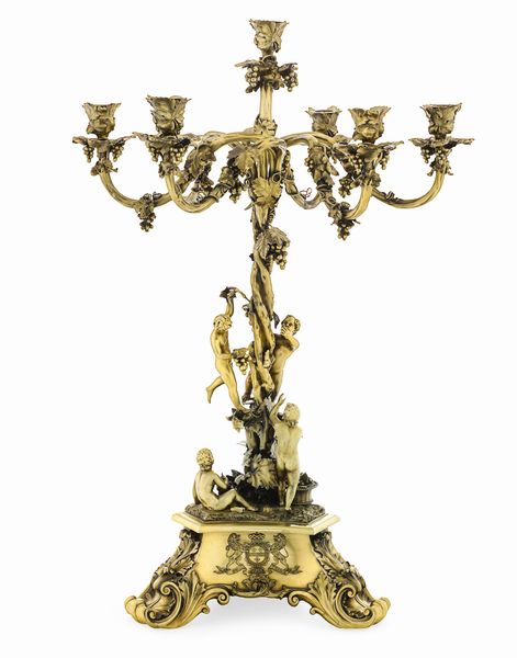 Monumentale candelabro a sei fiamme. Londra 1839, argentiere John Samuel Hunt  - Asta Argenti da Collezione | Antichi - Associazione Nazionale - Case d'Asta italiane