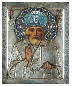 San Nicola il taumaturgo. Riza in argento sbalzato e cesellato. Aureola in smalti policromi cloisonn  - Asta Argenti da Collezione | Antichi - Associazione Nazionale - Case d'Asta italiane