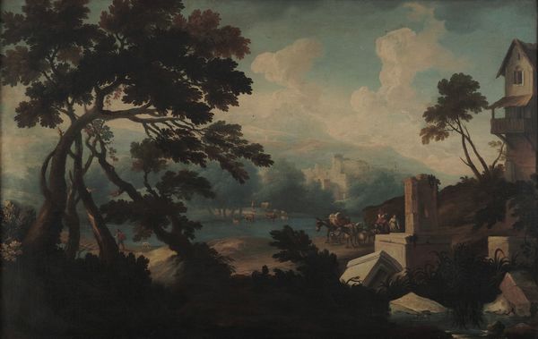 Scuola del XVIII secolo Paesaggio fluviale con rovine e viandanti  - Asta Dipinti Antichi - Associazione Nazionale - Case d'Asta italiane