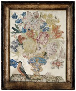 Lorenzo Todini (attivo a Firenze nella seconda metà del XVII secolo) : Natura morta con vaso di fiori e uccellino  - Asta Dipinti Antichi - Associazione Nazionale - Case d'Asta italiane