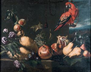 Reynaud Levieux - Frutta, fiori e pappagallo su ripiano in pietra