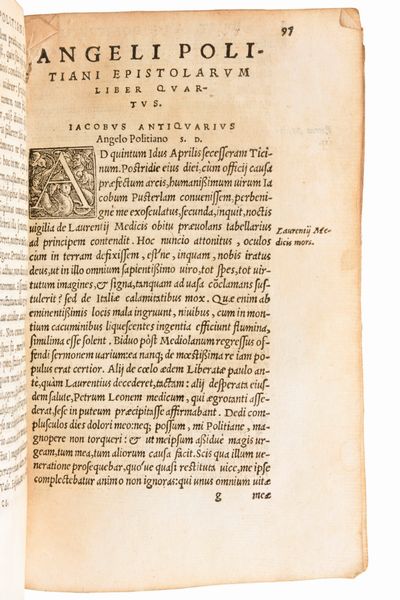 [Classici Greci/Latini] Poliziano, Angelo : Angeli Politiani Operum. Epistolarum libros XII. ac Miscellaneorum centuriam I complectens. Lugduni, Seb. Gryphius 1550  - Asta Libri Rari & Manoscritti del XVI Secolo - Associazione Nazionale - Case d'Asta italiane