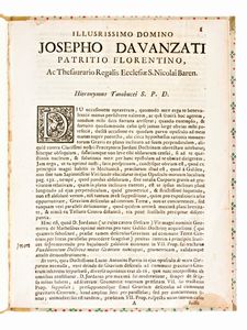 [Fisica] Tambucci, Girolamo. Illusrissimo [!] domino Josepho Davanzati patritio Florentino… [Roma, 1711].  - Asta Libri Rari & Manoscritti del XVI Secolo - Associazione Nazionale - Case d'Asta italiane