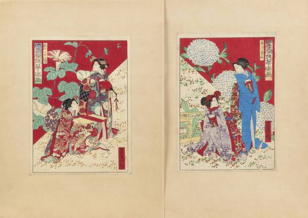 DUE PERGAMENE : Due pergamene dipinte con Geishe  Giappone  prima meta' del XX Sec. 24 1x17 3 cm  - Asta Arte Orientale - Associazione Nazionale - Case d'Asta italiane