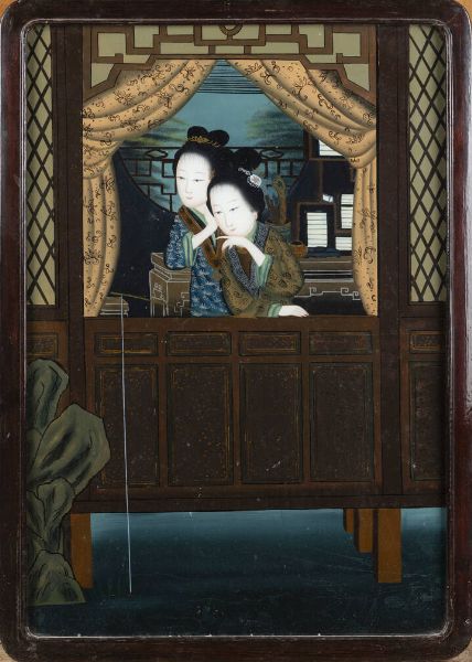 DIPINTO SU VETRO : Dipinto su vetro reppresentante due figure alla finestra che pescano  Cina  Repubblica  XX Sec. 70 5x50 cm  - Asta Arte Orientale - Associazione Nazionale - Case d'Asta italiane