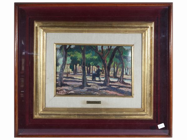 Ulvi Liegi : Paesaggio alberato con figura seduta  - Asta Dballage. Occasioni in asta - Associazione Nazionale - Case d'Asta italiane