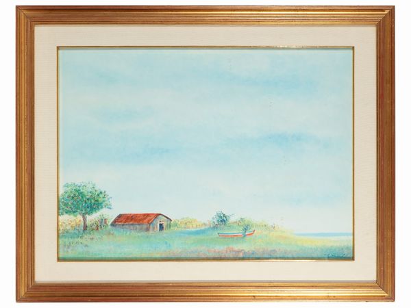 Giovanni Omiccioli : Paesaggio con barca  - Asta Dballage. Occasioni in asta - Associazione Nazionale - Case d'Asta italiane