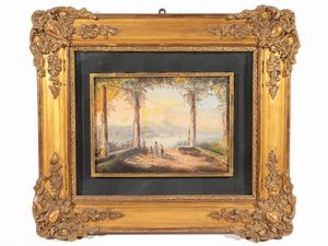 Scuola napoletana - Paesaggio con figure e Vesuvio