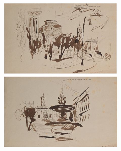 Anonimo del XX secolo : Lotto di due disegni raffiguranti vedute di roma (Il campidoglio / l'ara Coeli)  - Asta Arte Moderna e Contemporanea - Associazione Nazionale - Case d'Asta italiane