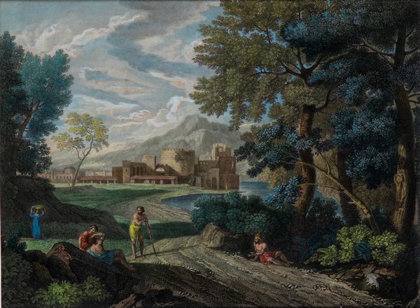 Paesaggio con rovine figure  - Asta Opere su carta. Stampe, disegni, foto d'epoca - Associazione Nazionale - Case d'Asta italiane