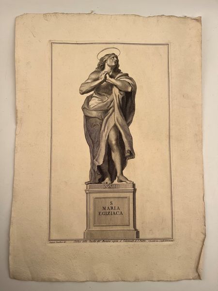 Pietro Leone Bombelli : S. Maria Egiziaca (Statua della Scuola del bernini sopra il Colonnato di S. Pietro)  - Asta Opere su carta. Stampe, disegni, foto d'epoca - Associazione Nazionale - Case d'Asta italiane