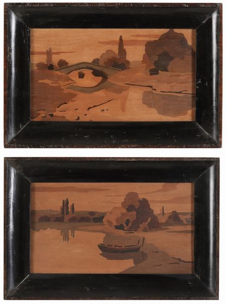 Due paesaggi fluviali in legno intarsiato. XX secolo  - Asta Antiquariato - Associazione Nazionale - Case d'Asta italiane