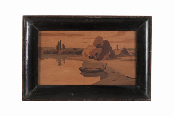 Due paesaggi fluviali in legno intarsiato. XX secolo  - Asta Antiquariato - Associazione Nazionale - Case d'Asta italiane