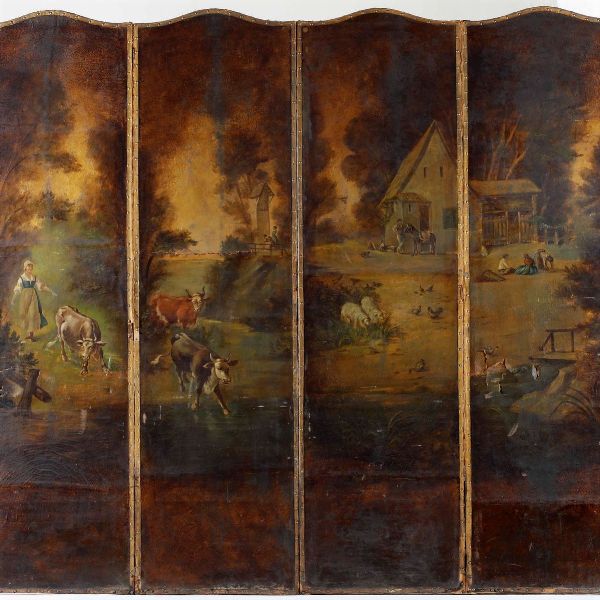 Paravento a quattro ante in cuoio dipinto con paesaggio campestre e figure. Inghilterra o Olanda, XIX secolo  - Asta Antiquariato - Associazione Nazionale - Case d'Asta italiane
