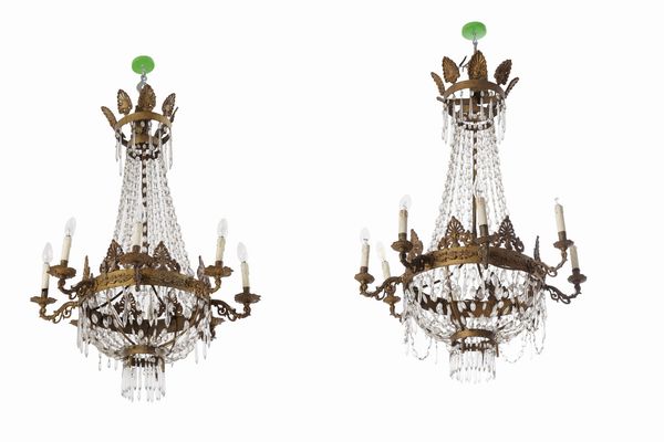 Coppia di lampadari a mongolfiera in metallo dorato e vetro. XIX secolo  - Asta Antiquariato - Associazione Nazionale - Case d'Asta italiane