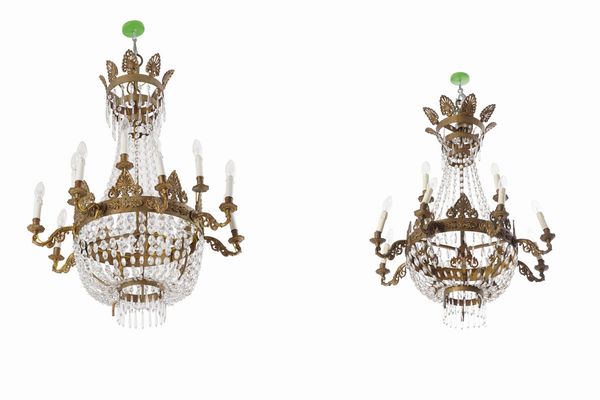 Coppia di lampadari a mongolfiera in metallo dorato e vetro. XIX secolo  - Asta Antiquariato - Associazione Nazionale - Case d'Asta italiane