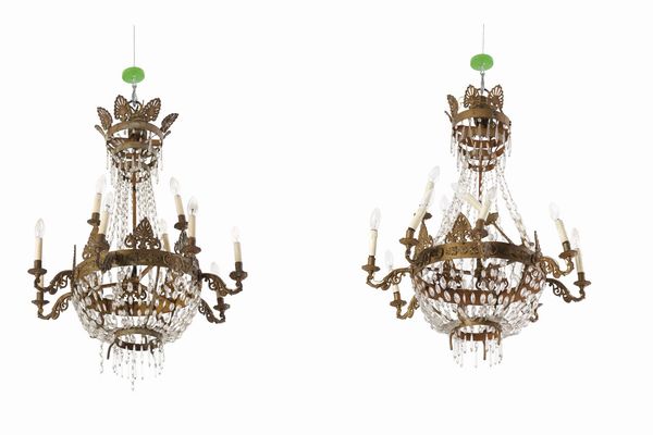 Coppia di lampadari a mongolfiera in metallo dorato e vetro. XIX secolo  - Asta Antiquariato - Associazione Nazionale - Case d'Asta italiane