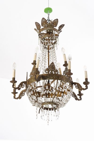 Coppia di lampadari a mongolfiera in metallo dorato e vetro. XIX secolo  - Asta Antiquariato - Associazione Nazionale - Case d'Asta italiane