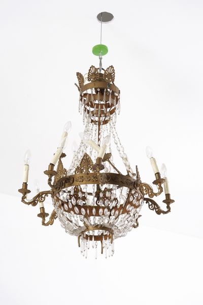 Coppia di lampadari a mongolfiera in metallo dorato e vetro. XIX secolo  - Asta Antiquariato - Associazione Nazionale - Case d'Asta italiane