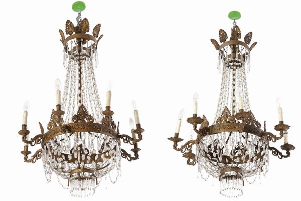 Coppia di lampadari a mongolfiera in metallo dorato e vetro. XIX secolo  - Asta Antiquariato - Associazione Nazionale - Case d'Asta italiane