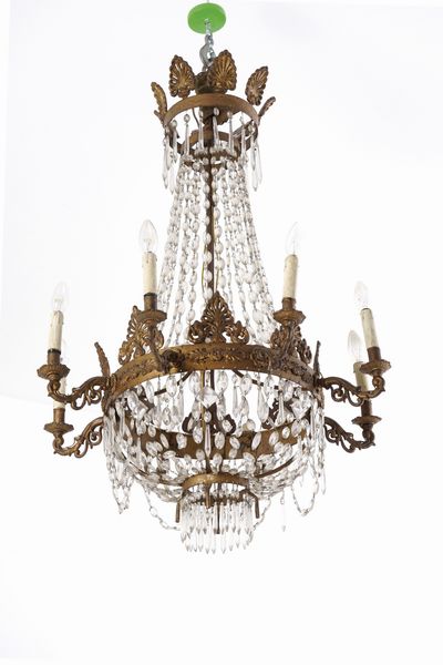 Coppia di lampadari a mongolfiera in metallo dorato e vetro. XIX secolo  - Asta Antiquariato - Associazione Nazionale - Case d'Asta italiane