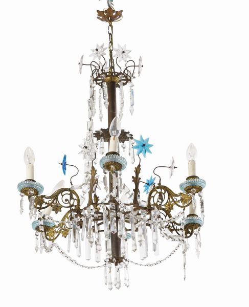 Lampadario in metallo dorato e vetro a sei luci. Inizio XX secolo  - Asta Antiquariato - Associazione Nazionale - Case d'Asta italiane