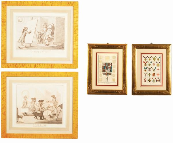 Coppia di stampe in cornice dorata raffiguranti stemmi e medaglie e coppia di stampe francesi  - Asta Antiquariato - Associazione Nazionale - Case d'Asta italiane