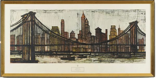 Riproduzione dell'opera Brooklyn bridge di Bernard Buffet, entro cornice  - Asta Antiquariato - Associazione Nazionale - Case d'Asta italiane