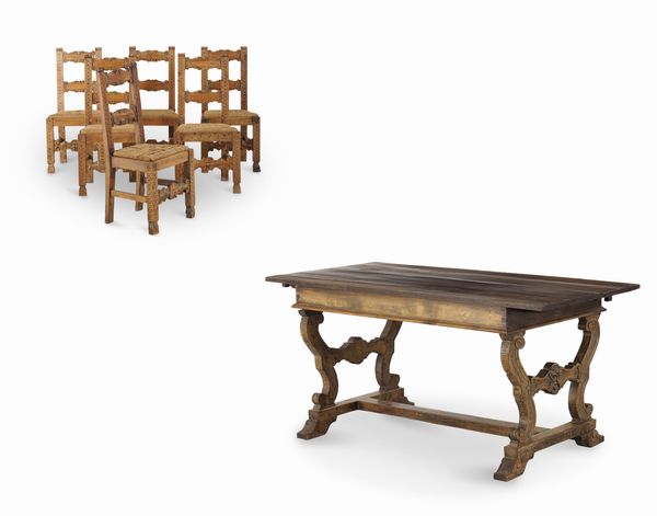 Tavolo e sei sedie in legno intagliato. XIX-XX secolo  - Asta Antiquariato - Associazione Nazionale - Case d'Asta italiane