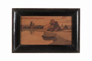 Due paesaggi fluviali in legno intarsiato. XX secolo  - Asta Antiquariato - Associazione Nazionale - Case d'Asta italiane