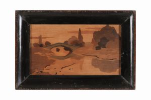 Due paesaggi fluviali in legno intarsiato. XX secolo  - Asta Antiquariato - Associazione Nazionale - Case d'Asta italiane